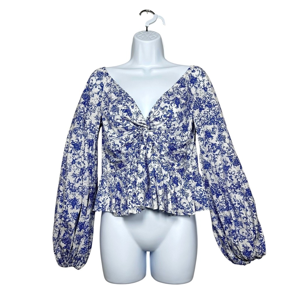 Caroline‎ Constas Onira Blue Toile Print Peplum Puff Sleeve Top Size S NWT $395